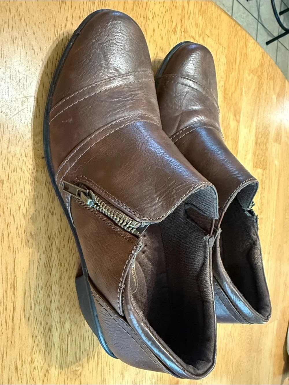 easy street Brown Leather Slip-On Loafers with Side Zip Accent